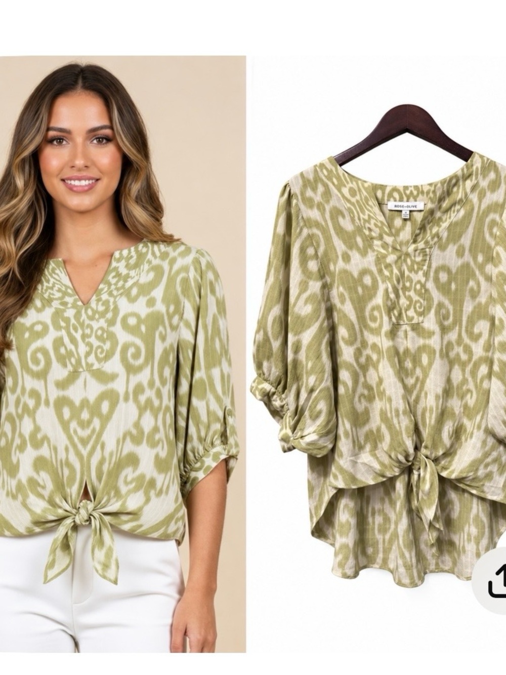 Rose & Olive Light Green and White Tie-Front Printed Blouse sz M.